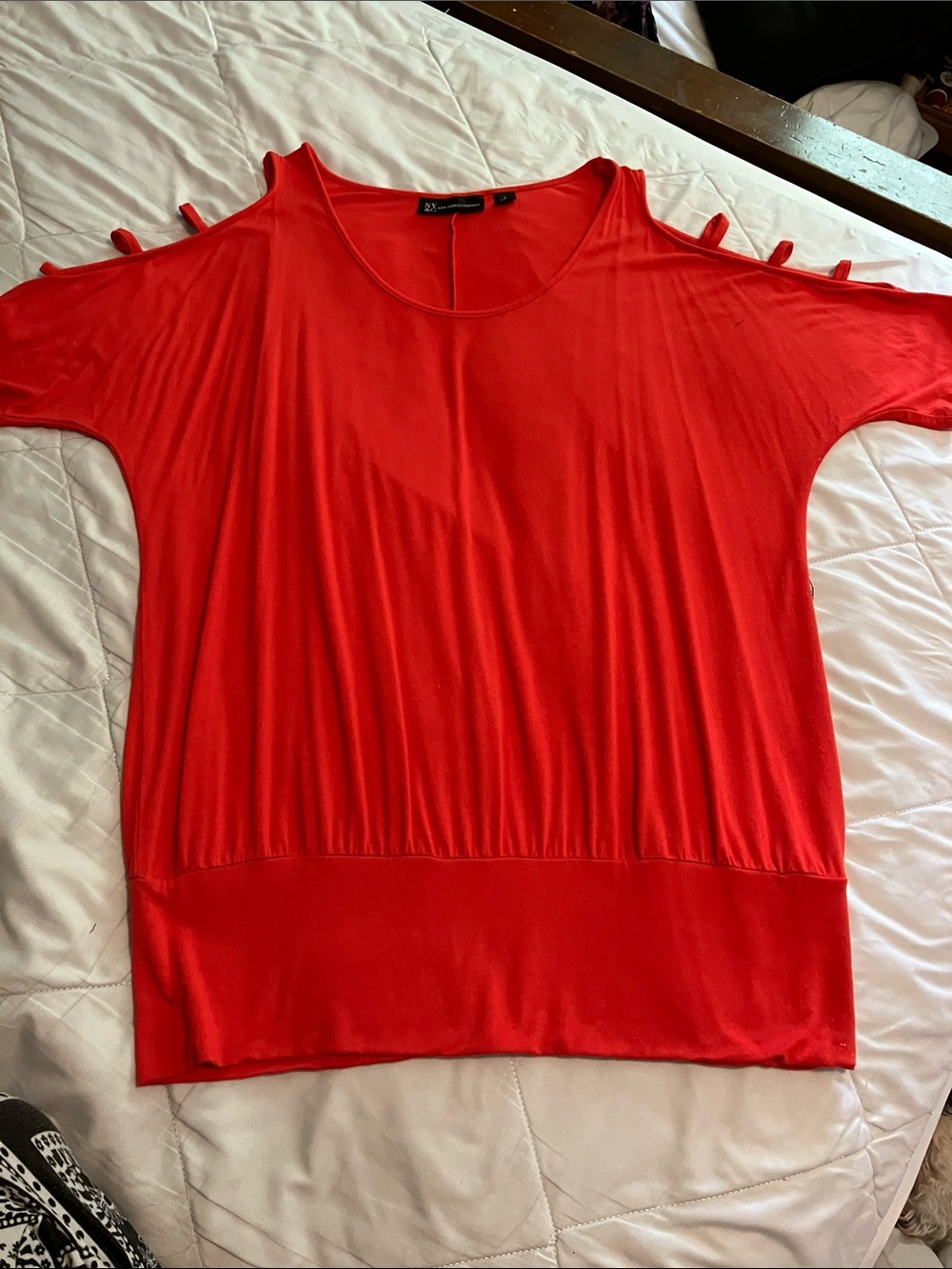 New York & Company Red Cold-Shoulder Tie-Accent Women's Top
